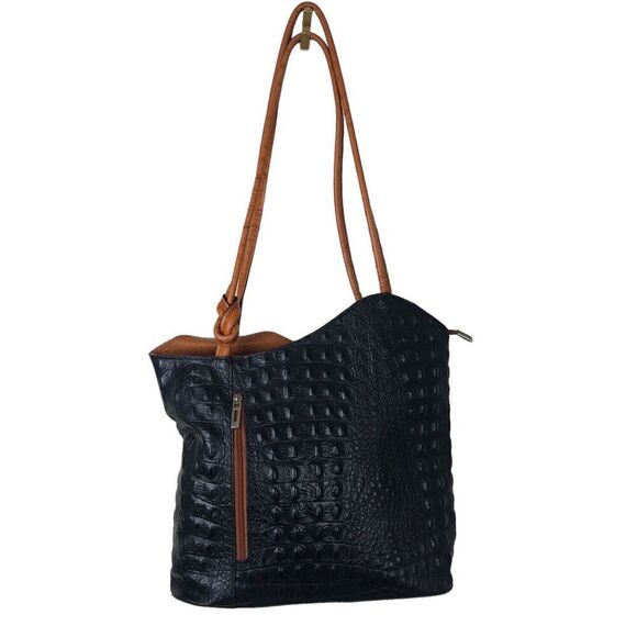 Moda In Pelle Purse Womens Black Ostrich Pattern Italian Leather Tote Backpack - Picture 4 of 16